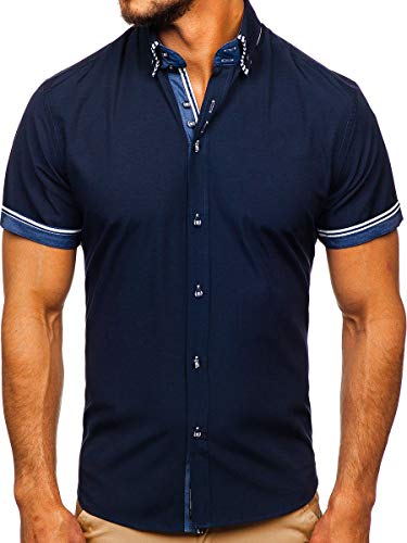 BOLF Herren Hemd Kurzarm Sommerhemd Figurbetont Bügelleicht Baumwollmischung Unifarben Basic Slim Fit 2911-1 Dunkelblau L [2B2] von BOLF