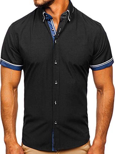 BOLF Herren Hemd Kurzarm Sommerhemd Figurbetont Bügelleicht Baumwollmischung Unifarben Basic Slim Fit 2911-1 Schwarz XL [2B2] von BOLF