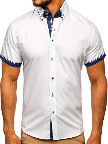 BOLF Herren Hemd Kurzarm Sommerhemd Figurbetont Bügelleicht Baumwollmischung Unifarben Basic Slim Fit 2911-1 Weiß XL [2B2] von BOLF