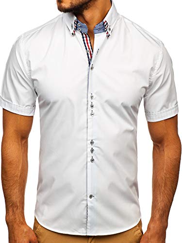 BOLF Herren Hemd Kurzarm Sommerhemd Figurbetont Bügelleicht Baumwollmischung Unifarben Basic Slim Fit 3507 Weiß L [2B2] von BOLF