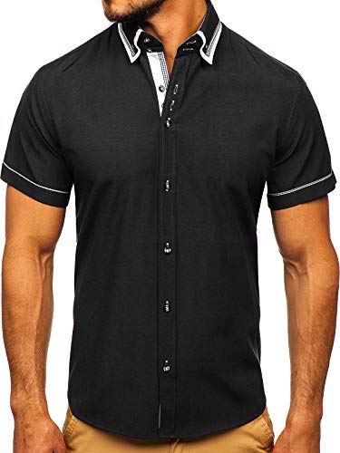 BOLF Herren Hemd Kurzarm Sommerhemd Figurbetont Bügelleicht Baumwollmischung Unifarben Basic Slim Fit 3520 Schwarz S [2B2] von BOLF