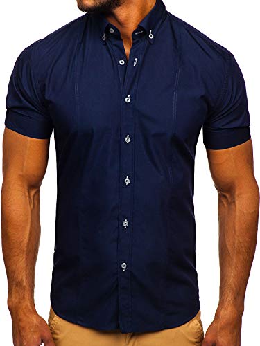 BOLF Herren Hemd Kurzarm Sommerhemd Figurbetont Bügelleicht Baumwollmischung Unifarben Basic Slim Fit 5535 Dunkelblau M [2B2] von BOLF