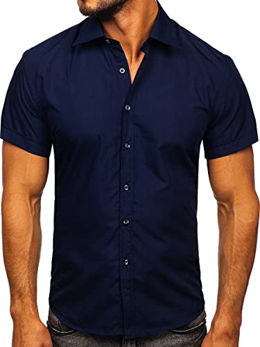 BOLF Herren Hemd Kurzarm Sommerhemd Figurbetont Bügelleicht Baumwollmischung Unifarben Basic Slim Fit 7501 Dunkelblau XL [2B2] von BOLF