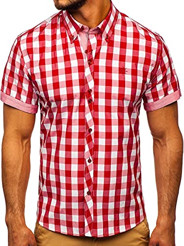 BOLF Herren Kurzarmhemd Kariert Freizeithemd Kurzärmliges Elegant Business Party Hemd Kentkragen Sommer Farbwahl Slim Fit Casual Style 6522 Rot M [2B2] von BOLF