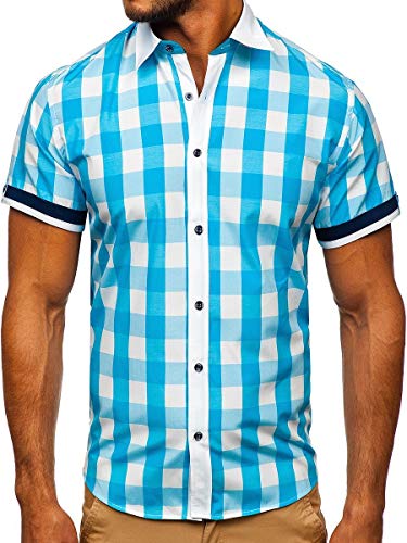 BOLF Herren Hemd Kurzarm Trachtenhemd Karohemd Freizeithemd Slim Fit Kariert Baumwollmischung Sommer Casual Style 8901 Türkis L [2B2] von BOLF