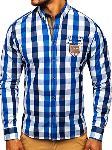 BOLF Herren Hemd Langarm Button-Down Kragen Slim Fit Streifen Muster Casual Style 1766-1 Blau M [2B2] von BOLF