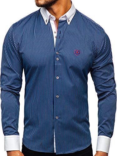 BOLF Herren Hemd Langarm Button-Down Kragen Slim Fit Streifen Muster Casual Style 9717 Dunkelblau M [2B2] von BOLF