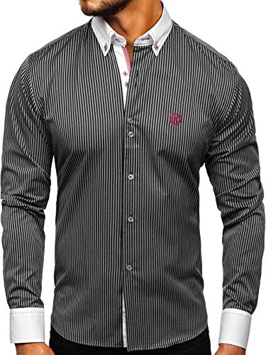 BOLF Herren Hemd Langarm Button-Down Kragen Slim Fit Streifen Muster Casual Style 9717 Schwarz M [2B2] von BOLF