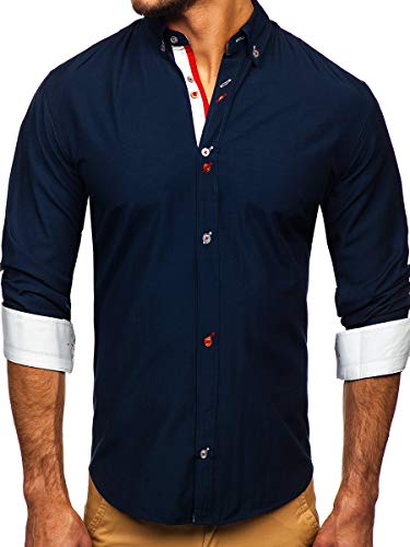 BOLF Herren Hemd Langarm Elegant Business-Shirt Freizeithemd Button Down Bügelleicht Farbwahl Unifarben Einfarbig Basic Casual 20710 Dunkelblau M [2B2] von BOLF