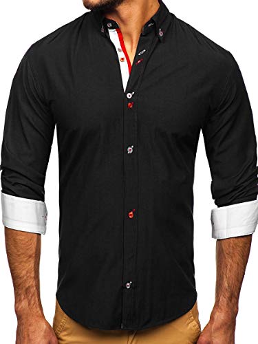 BOLF Herren Hemd Langarm Elegant Business-Shirt Freizeithemd Button Down Bügelleicht Farbwahl Unifarben Einfarbig Basic Casual 20710 Schwarz L [2B2] von BOLF