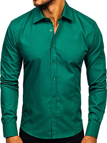 BOLF Herren Hemd Langarm Freizeithemd Classic Elegant Buisness Party Bügelleicht Farbwahl Unifarben Einfarbig Basic Slim fit 1703 Grün(Dunkel) L [2B2] von BOLF