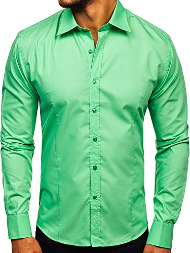 BOLF Herren Hemd Langarm Freizeithemd Classic Elegant Buisness Party Bügelleicht Farbwahl Unifarben Einfarbig Basic Slim fit 1703 Mint M [2B2] von BOLF