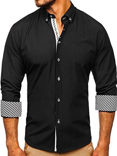 BOLF Herren Hemd Langarm Freizeithemd Classic Elegant Business Party Bügelleicht Button Down Farbwahl Unifarben Einfarbig Basic Slim fit 5796 Schwarz XL [2B2] von BOLF