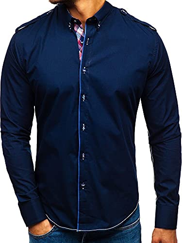 BOLF Herren Hemd Langarm Freizeithemd Classic Elegant Party Bügelleicht Button Down Farbwahl Unifarben Einfarbig Basic Slim fit 1758 Dunkelblau M [2B2] von BOLF