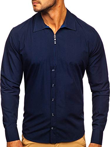 BOLF Herren Hemd Langarm Freizeithemd Classic Elegant Party Bügelleicht Button Down Farbwahl Unifarben Einfarbig Basic Slim fit 20702 Dunkelblau XXL [2B2] von BOLF
