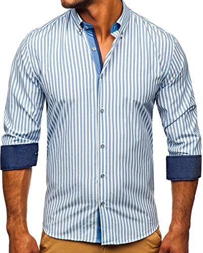 BOLF Herren Hemd Langarm Freizeithemd Classic Elegant Party Bügelleicht Button Down Farbwahl Unifarben Einfarbig Basic Slim fit 20704 Dunkelblau L [2B2] von BOLF