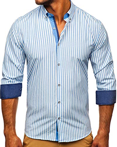 BOLF Herren Hemd Langarm Freizeithemd Classic Elegant Party Bügelleicht Button Down Farbwahl Unifarben Einfarbig Basic Slim fit 20704 Hellblau L [2B2] von BOLF