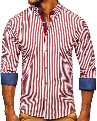 BOLF Herren Hemd Langarm Freizeithemd Classic Elegant Party Bügelleicht Button Down Farbwahl Unifarben Einfarbig Basic Slim fit 20704 Weinrot L [2B2] von BOLF
