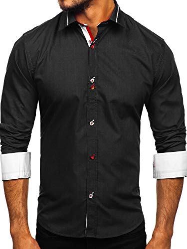 BOLF Herren Hemd Langarm Freizeithemd Classic Elegant Party Bügelleicht Button Down Farbwahl Unifarben Einfarbig Basic Slim fit 5826 Schwarz M [2B2] von BOLF