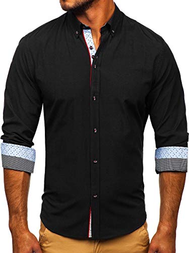 BOLF Herren Hemd Langarm Freizeithemd Classic Elegant Party Bügelleicht Button Down Farbwahl Unifarben Einfarbig Basic Slim fit 8839 Schwarz L [2B2] von BOLF