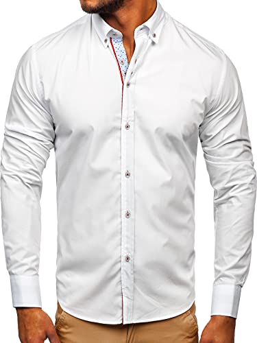 BOLF Herren Hemd Langarm Freizeithemd Classic Elegant Party Bügelleicht Button Down Farbwahl Unifarben Einfarbig Basic Slim fit 8839 Weiss L [2B2] von BOLF