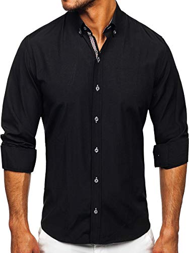BOLF Herren Hemd Langarm Freizeithemd Hemdbluse Langarmhemd Elegant Business Party Bügelleicht Farbwahl Classic Basic Slim Fit Casual Style 20718 Schwarz L [2B2] von BOLF