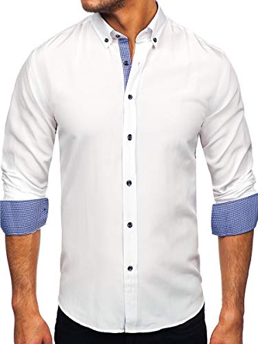 BOLF Herren Hemd Langarm Freizeithemd Hemdbluse Langarmhemd Elegant Business Party Bügelleicht Farbwahl Classic Basic Slim Fit Casual Style 20719 Weiss M [2B2] von BOLF