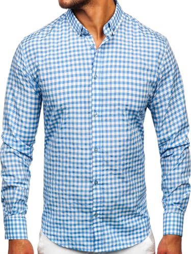 BOLF Herren Hemd Langarm Freizeithemd Kariert Langarmhemd Elegant Business Party Bügelleicht Farbwahl Classic Basic Slim Fit Casual Style 22747 Blau XL [2B2] von BOLF