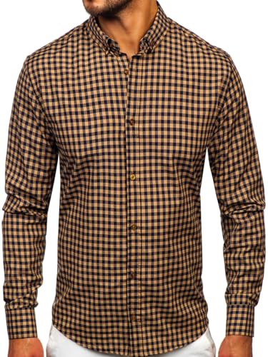 BOLF Herren Hemd Langarm Freizeithemd Kariert Langarmhemd Elegant Business Party Bügelleicht Farbwahl Classic Basic Slim Fit Casual Style 22747 Braun L [2B2] von BOLF