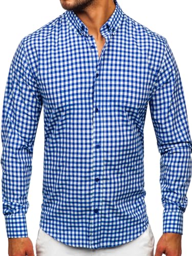 BOLF Herren Hemd Langarm Freizeithemd Kariert Langarmhemd Elegant Business Party Bügelleicht Farbwahl Classic Basic Slim Fit Casual Style 22747 Dunkelblau S [2B2] von BOLF