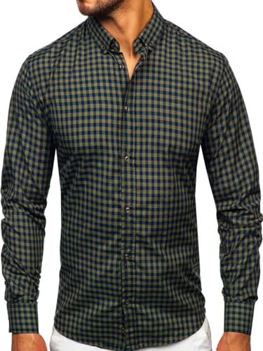 BOLF Herren Hemd Langarm Freizeithemd Kariert Langarmhemd Elegant Business Party Bügelleicht Farbwahl Classic Basic Slim Fit Casual Style 22747 Grün S [2B2] von BOLF