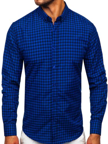 BOLF Herren Hemd Langarm Freizeithemd Kariert Langarmhemd Elegant Business Party Bügelleicht Farbwahl Classic Basic Slim Fit Casual Style 22747 Kobalt L [2B2] von BOLF