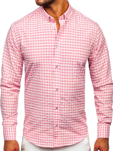 BOLF Herren Hemd Langarm Freizeithemd Kariert Langarmhemd Elegant Business Party Bügelleicht Farbwahl Classic Basic Slim Fit Casual Style 22747 Rosa L [2B2] von BOLF