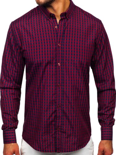 BOLF Herren Hemd Langarm Freizeithemd Kariert Langarmhemd Elegant Business Party Bügelleicht Farbwahl Classic Basic Slim Fit Casual Style 22747 Weinrot S [2B2] von BOLF