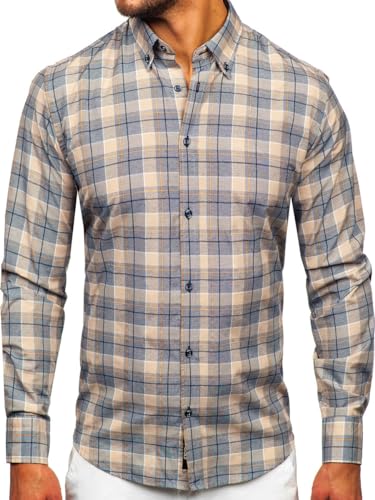 BOLF Herren Hemd Langarm Freizeithemd Kariert Langarmhemd Elegant Business Party Bügelleicht Farbwahl Classic Basic Slim Fit Casual Style 22748 Beige XXL [2B2] von BOLF