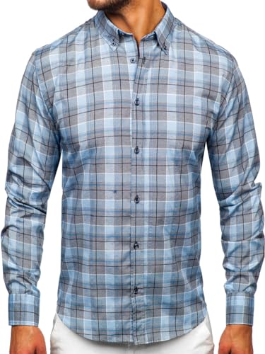 BOLF Herren Hemd Langarm Freizeithemd Kariert Langarmhemd Elegant Business Party Bügelleicht Farbwahl Classic Basic Slim Fit Casual Style 22748 Blau XL [2B2] von BOLF