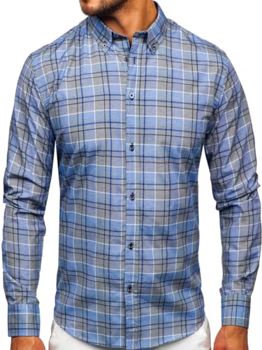 BOLF Herren Hemd Langarm Freizeithemd Kariert Langarmhemd Elegant Business Party Bügelleicht Farbwahl Classic Basic Slim Fit Casual Style 22748 Dunkelblau S [2B2] von BOLF