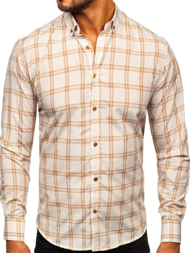 BOLF Herren Hemd Langarm Freizeithemd Kariert Langarmhemd Elegant Business Party Bügelleicht Farbwahl Classic Basic Slim Fit Casual Style 22749 Beige XXL [2B2] von BOLF