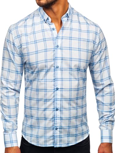 BOLF Herren Hemd Langarm Freizeithemd Kariert Langarmhemd Elegant Business Party Bügelleicht Farbwahl Classic Basic Slim Fit Casual Style 22749 Blau XXL [2B2] von BOLF