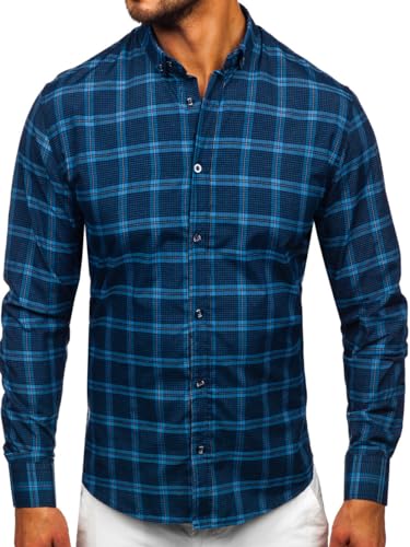 BOLF Herren Hemd Langarm Freizeithemd Kariert Langarmhemd Elegant Business Party Bügelleicht Farbwahl Classic Basic Slim Fit Casual Style 22749 Dunkelblau L [2B2] von BOLF