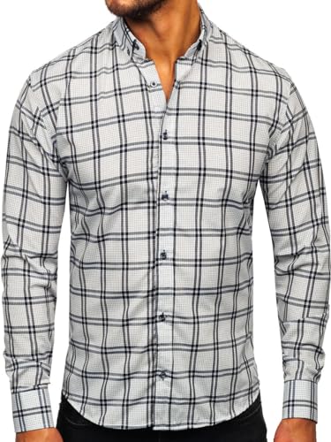 BOLF Herren Hemd Langarm Freizeithemd Kariert Langarmhemd Elegant Business Party Bügelleicht Farbwahl Classic Basic Slim Fit Casual Style 22749 Dunkelgrau L [2B2] von BOLF