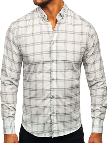 BOLF Herren Hemd Langarm Freizeithemd Kariert Langarmhemd Elegant Business Party Bügelleicht Farbwahl Classic Basic Slim Fit Casual Style 22749 Grau XXL [2B2] von BOLF