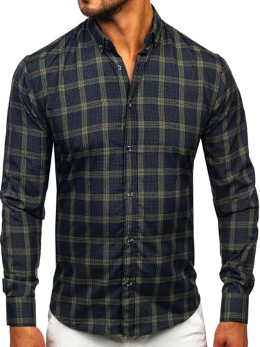BOLF Herren Hemd Langarm Freizeithemd Kariert Langarmhemd Elegant Business Party Bügelleicht Farbwahl Classic Basic Slim Fit Casual Style 22749 Grün XL [2B2] von BOLF
