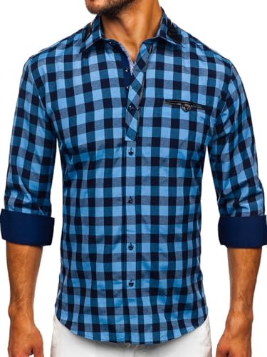 BOLF Herren Hemd Langarm Freizeithemd Langarmhemd Elegant Business Party Bügelleicht Farbwahl Classic Basic Slim Fit Casual Style 19605 Dunkelblau M [2B2] von BOLF