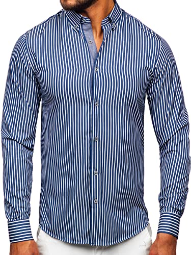 BOLF Herren Hemd Langarm Freizeithemd Langarmhemd Elegant Business Party Bügelleicht Farbwahl Classic Basic Slim Fit Casual Style 22730 Dunkelblau L [2B2] von BOLF