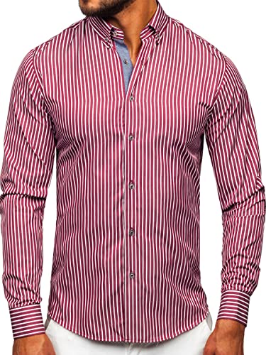 BOLF Herren Hemd Langarm Freizeithemd Langarmhemd Elegant Business Party Bügelleicht Farbwahl Classic Basic Slim Fit Casual Style 22730 Weinrot M [2B2] von BOLF
