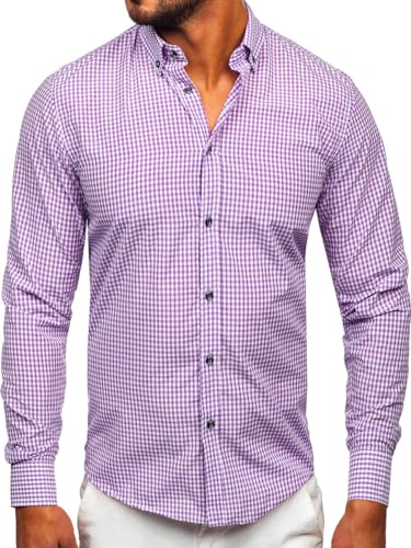 BOLF Herren Hemd Langarm Freizeithemd Langarmhemd Elegant Business Party Bügelleicht Farbwahl Classic Basic Slim Fit Casual Style 22745 Violett L [2B2] von BOLF