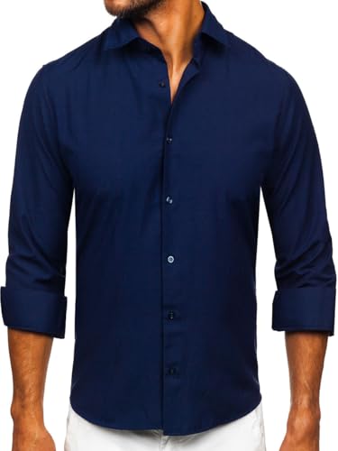 BOLF Herren Hemd Langarm Freizeithemd Langarmhemd Elegant Business Party Bügelleicht Farbwahl Classic Basic Slim Fit Casual Style 24740 Dunkelblau XL [2B2] von BOLF