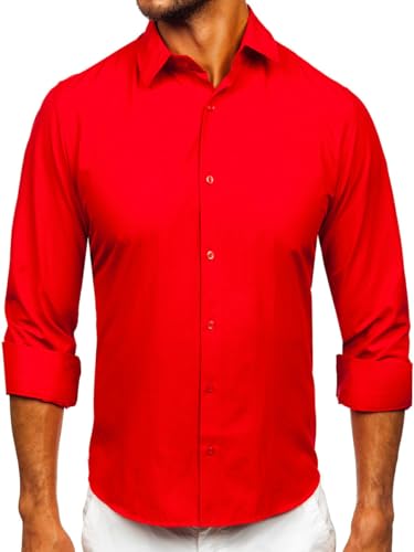 BOLF Herren Hemd Langarm Freizeithemd Langarmhemd Elegant Business Party Bügelleicht Farbwahl Classic Basic Slim Fit Casual Style 24740 Rot L [2B2] von BOLF