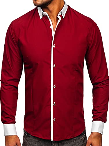 BOLF Herren Hemd Langarm Freizeithemd Langarmhemd Elegant Business Party Bügelleicht Farbwahl Classic Basic Slim Fit Casual Style 2782 Weinrot M [2B2] von BOLF